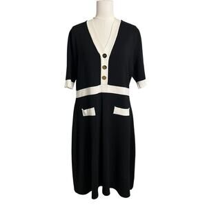DKNY Sweater Shift Dress Womens XL Black White Colorblock V Neck Knit Pockets